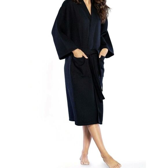 Luxury Cotton Waffle Solid Long Sleeve Shawl Modern Spa Night Bathrobe Sleepwear - Picture 1 of 2
